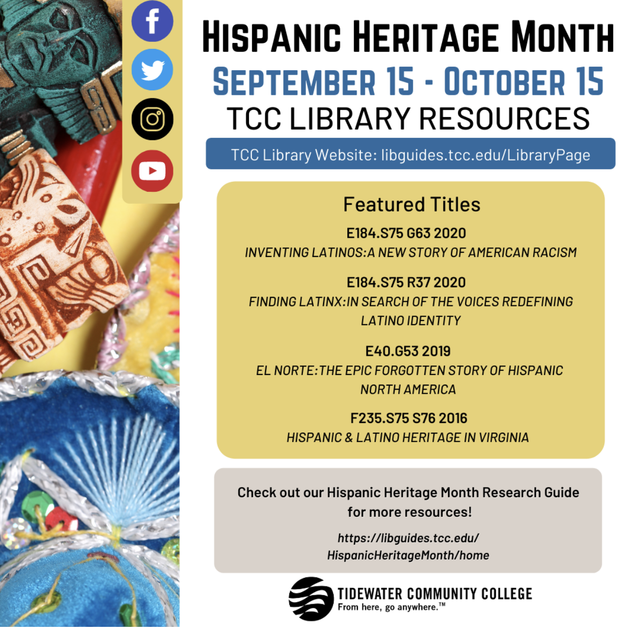 Flyer with hispanic inspired design features a list of library resources for Hispanic Heritage Month.